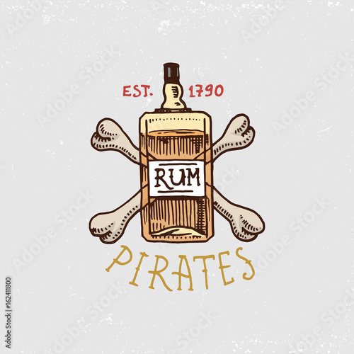 set of engraved, hand drawn, old, labels or badges for corsairs, bottle of rum and bone. Pirates marine and nautical or Caribbean sea, ocean emblems.