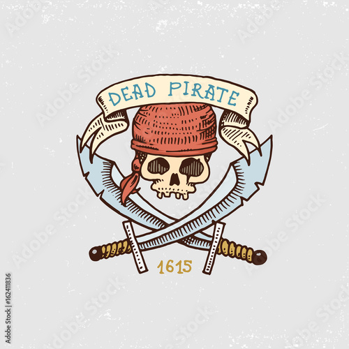 set of engraved, hand drawn, old, labels or badges for corsairs, skull with sabers. Pirates marine and nautical or Caribbean sea, ocean emblems. photo