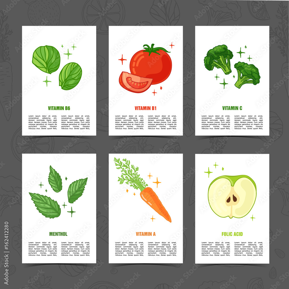 Banner design template with vegetable decoration. Set card with the decor of healthy, juicy fruit. Menu template with space for text with herb, berry and vegetarian food. Vector.