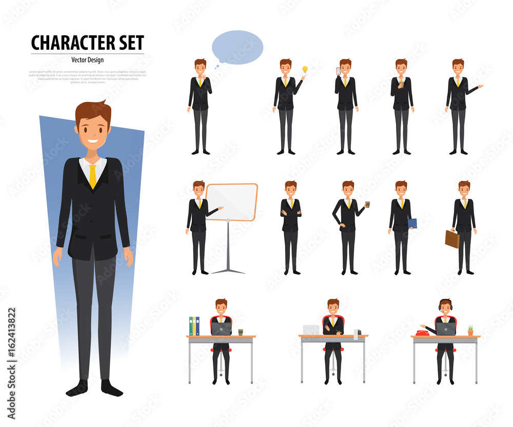 Set of Business Man Character in office style. Business job function. Illustration vector of avatar people design. Set of Business Man Character in office style. Business job function. Illustration vector of avatar people design.