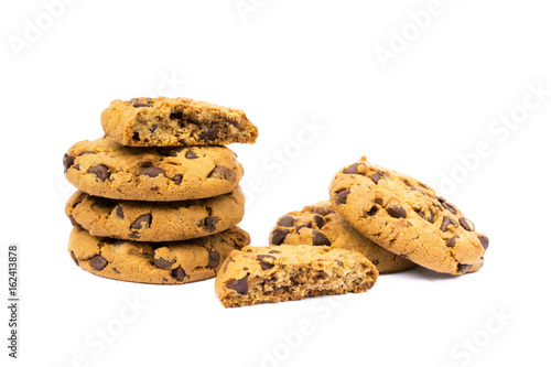 Cookies with chocolate pieces isolated on white background