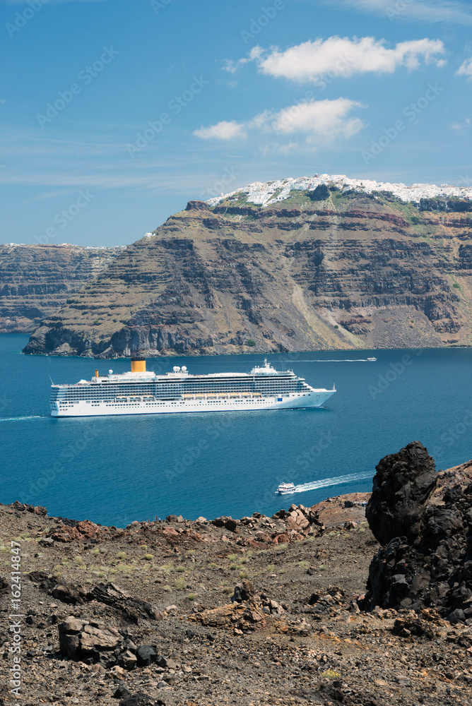 Cruise ship sailing to Santorini island, Greece