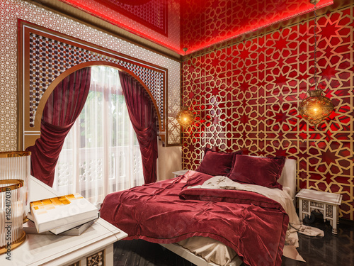 3d illustration, interior design of a hotel room in a traditional Islamic style. Beautiful deluxe room Ramdan Kareem background interior view decorated with Islamic motifs.  
