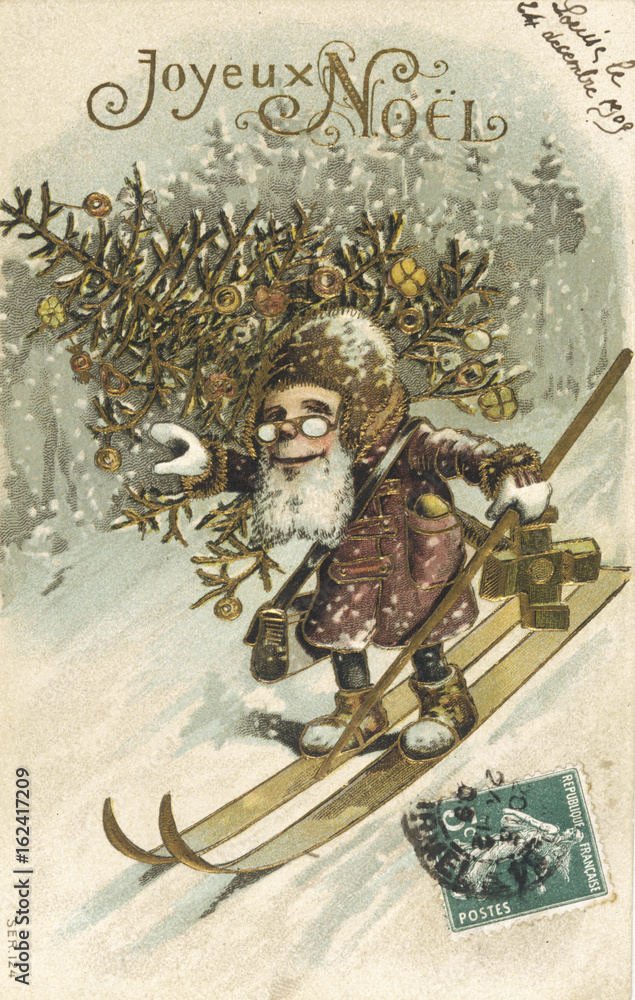 Obraz premium Father Christmas on skis . Date: 1909