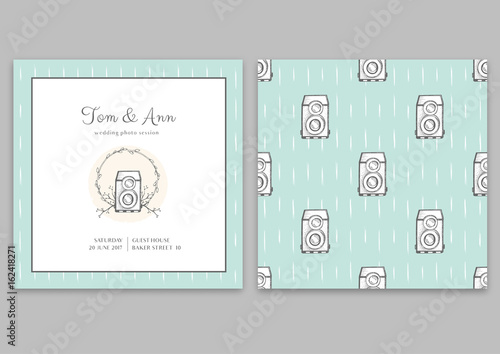 Vector template of wedding photo session certificate. Blue pattern with cameras