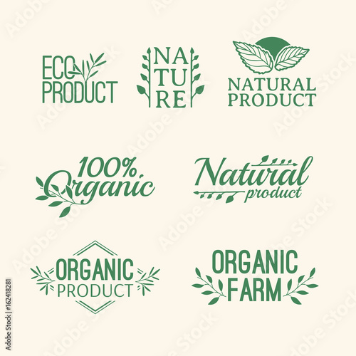Logotype set. Badges, labels , with plants elements, wreaths and laurels green branches. Design template for for natural products. Farms, organic and bio sign. Herb and leaves decoration. Vector