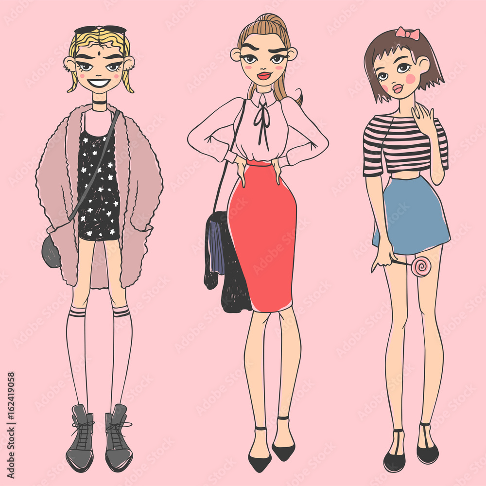 Fashion look girl beautiful girl woman female pretty young model style lady character vector illustration Fashion look girl beautiful girl woman female pretty young model style lady character vector illustration