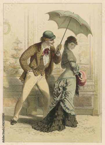 Man propositions a woman on the street. Date: 1878