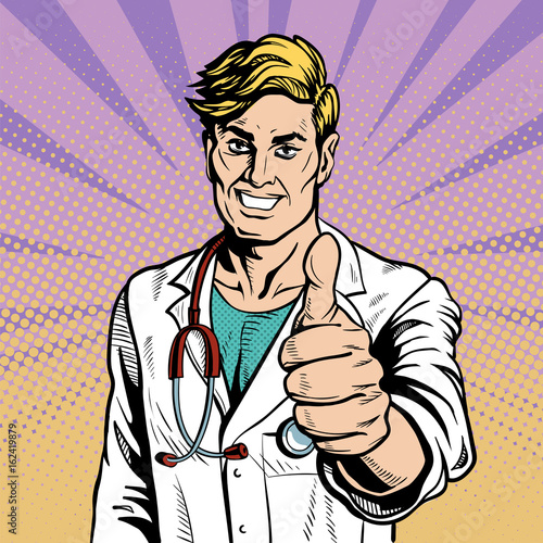 Doctor therapist medicine and health. Profession white coat stethoscope pop art retro style. Thumb up expresses success