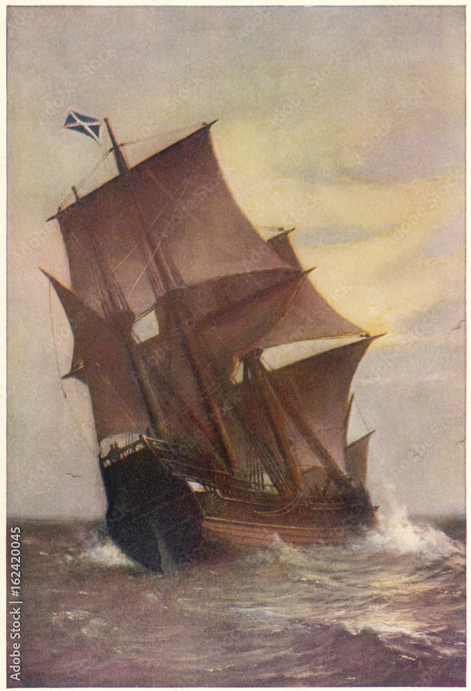 The Mayflower: transporting Pilgrim Fathers to New World.. Date: 1620 - obrazy, fototapety, plakaty 