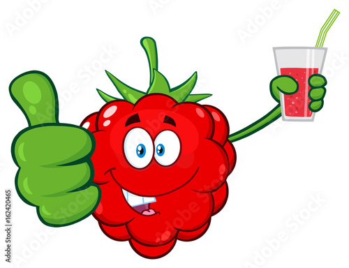 Raspberry Fruit Cartoon Mascot Character Holding Up A Glass Of Juice And Giving A Thumb Up. Illustration Isolated On White Background