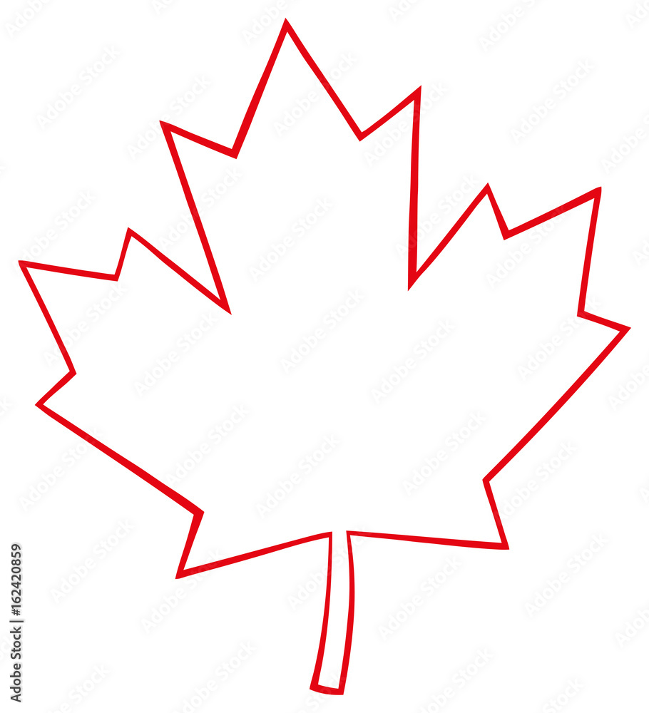 Outlined Canadian Maple Leaf Red Line Cartoon Drawing. Illustration Isolated On White Background