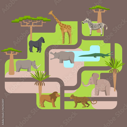 Animals living in Africa, a protected area, a hunting ground, a territory of the zoo