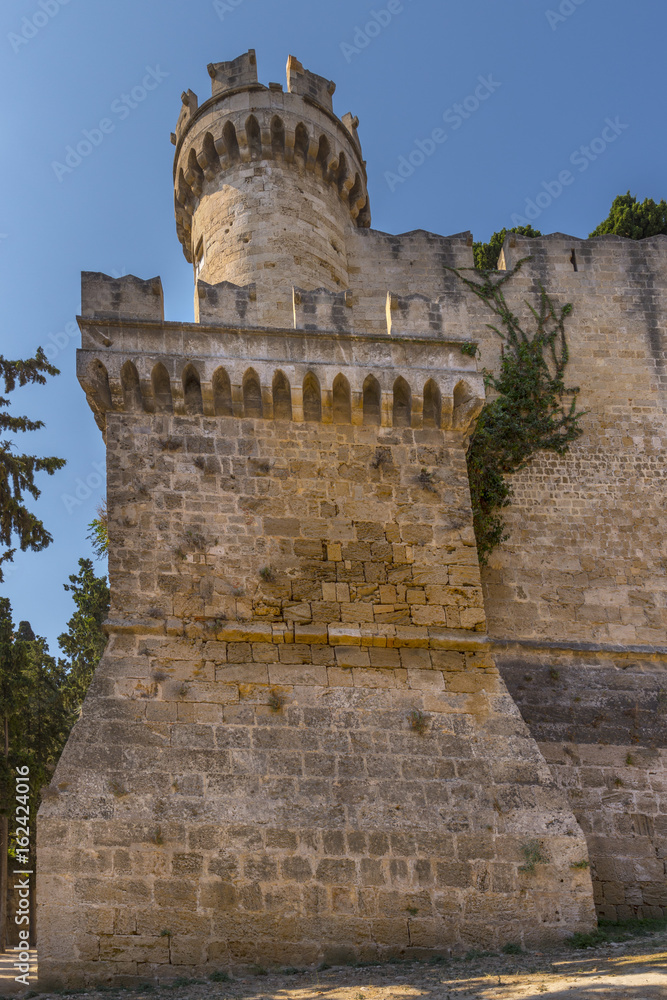 Walls  and tower of the Palace of the Grand Master of the Knights of Rhodes (Kastello), a medieval castle in the city of Rhodes, on the island of Rhodes