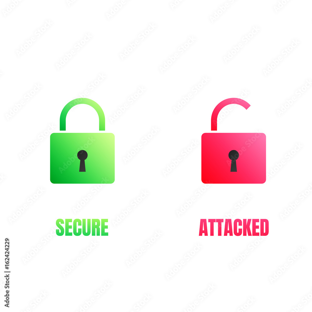 Cyber security lock icons. Computer security signs for secure and cyber attacked data Cyber security lock icons. Computer security signs for secure and cyber attacked data