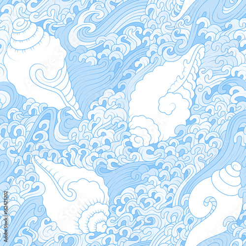 vector blue seamless pattern, improvisation in traditional tibetan style, seashells and waves