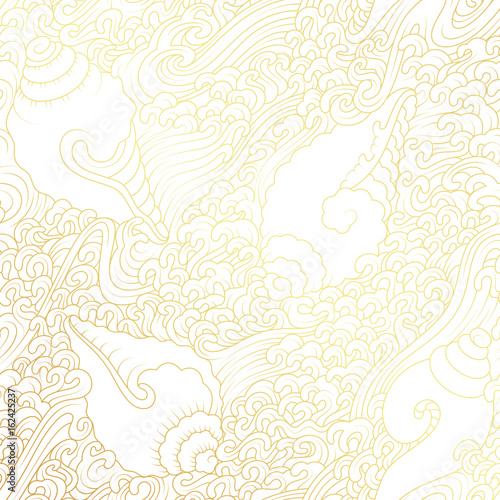Vector seamless pattern, improvisation in traditional tibetan style, seashells and waves, gold and white.