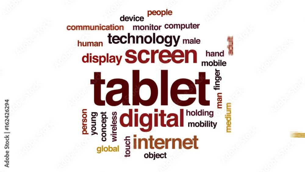 Tablet animated word cloud, text design animation. Tablet animated word cloud, text design animation.