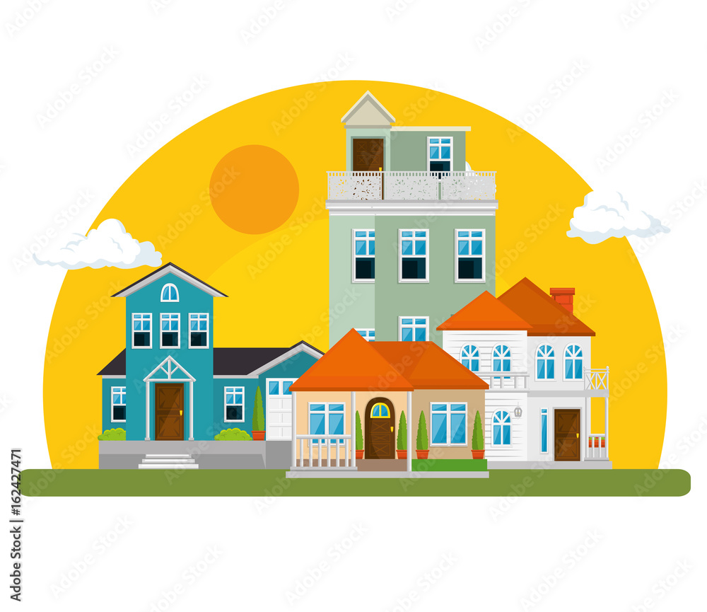 colorful houses in neighborhood icon vector illustration graphic design