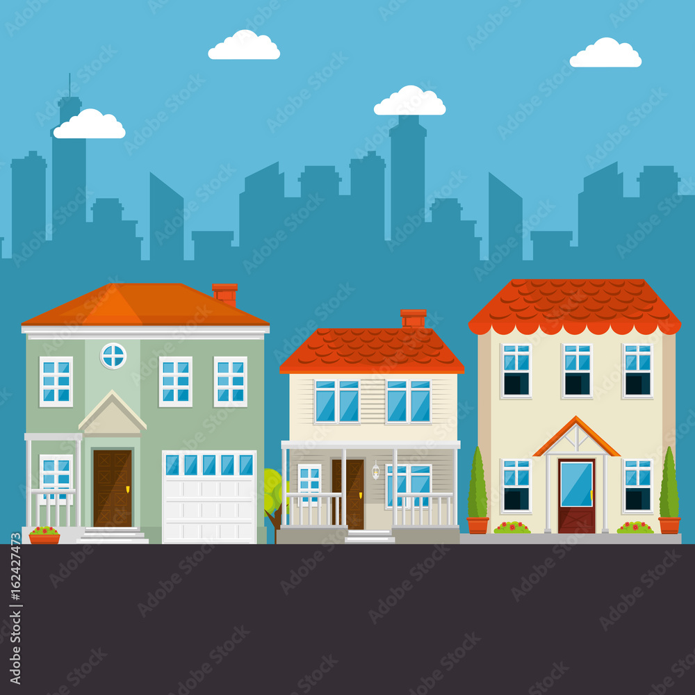 colorful houses in neighborhood icon vector illustration graphic design