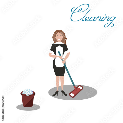 Cute cleaner in dark dress and white apron with the tools for housekeeping: a burgundy bucket with soapy foam, MOP with blue handle and cloth. White background. Vector illustration. Cleaning 