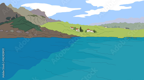 Illustration of mountain and sea