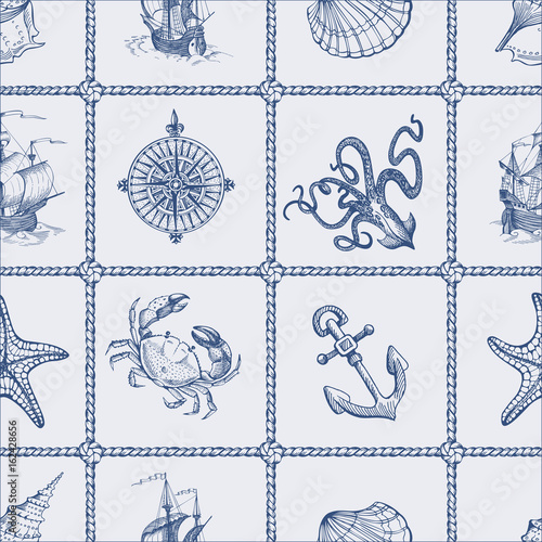 Seamless vector pattern on sea theme. Can be used for textiles, wrapping paper, interior decoration. Old caravel, vintage sailboat, anchor, starfish, seashells.