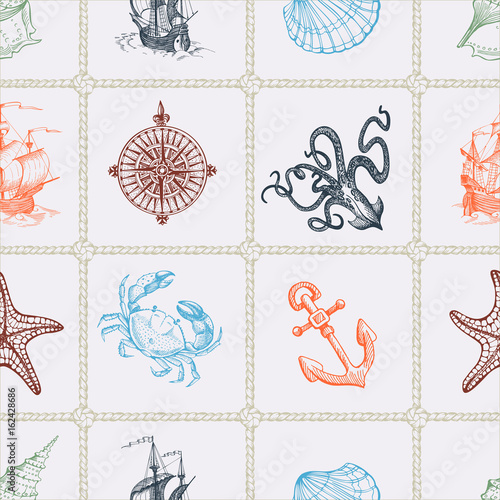 Seamless vector pattern on sea theme. Can be used for textiles, wrapping paper, interior decoration. Old caravel, vintage sailboat, anchor, starfish, seashells.