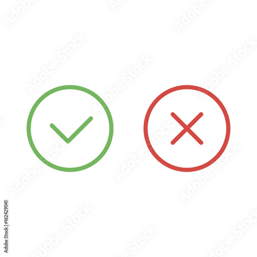 Check mark green and red line icons. Vector illustration