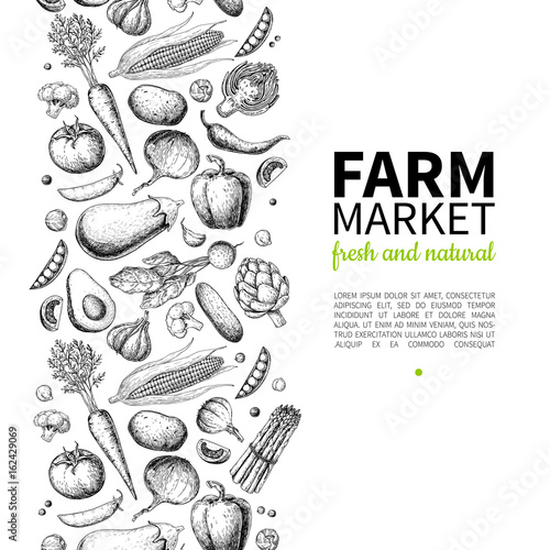 Vegetable hand drawn vintage vector frame illustration. Farm Market poster. Vegetarian set of organic products.