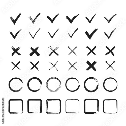 Grunge brush painted check marks, circles and squares set. Vector illustration