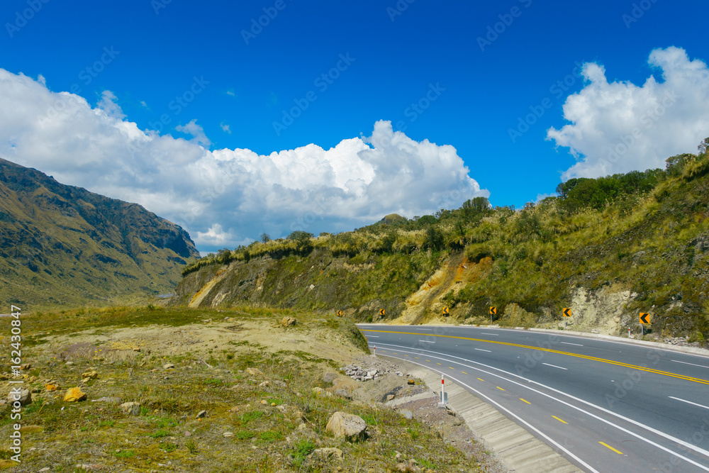 Beautiful landscape of Papallacta mountain in a sunny day with the road in Quito Ecuador