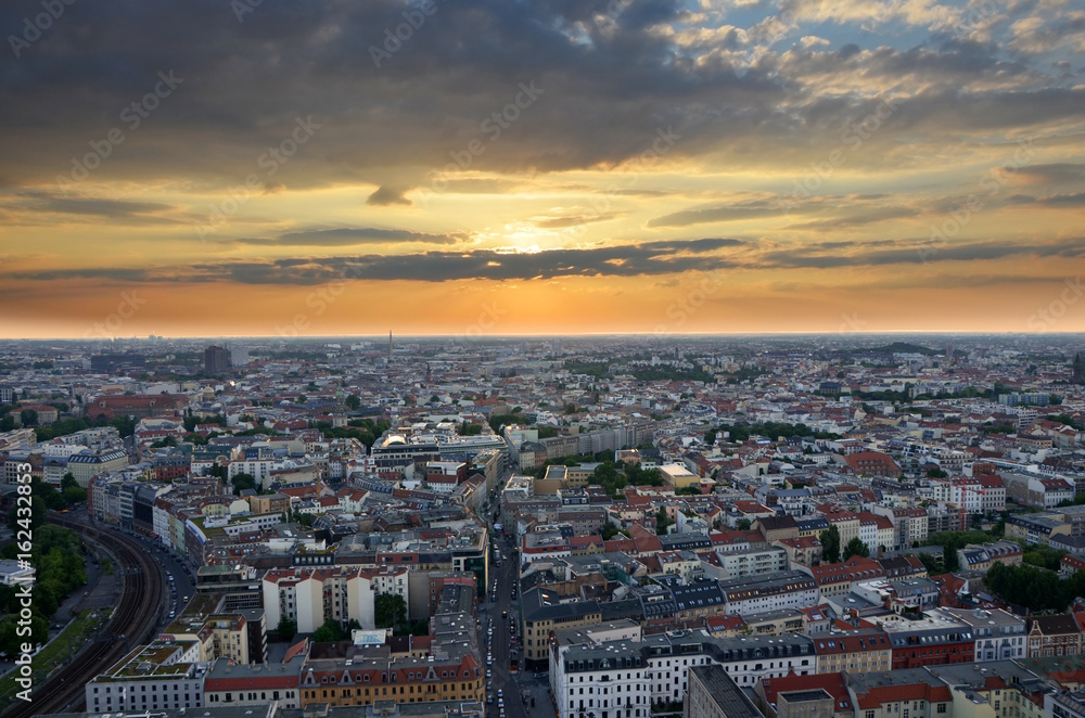Cityscape of Berlin at sunset, aerial view