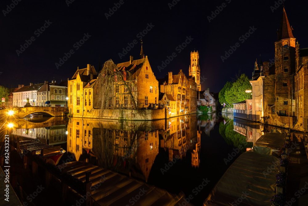 The quay of the Rosary (Rozenhoedkaai) at night, Bruges, Belgium