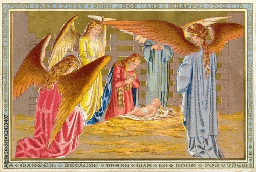 Obraz na plátně Christmas nativity scene in the manger with angels. Date: 1908