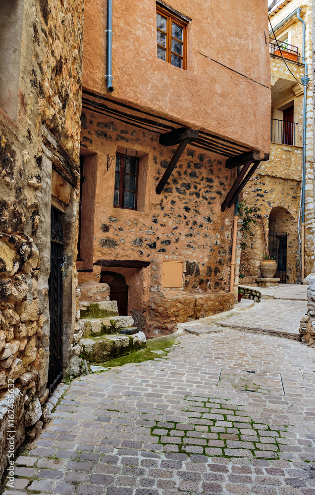 Narrow cobbled street with flowers in the old village Tourrettes-sur-Loup , France.