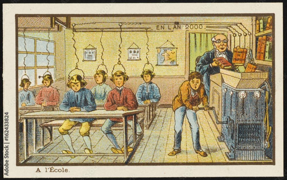 Futuristic teaching machine in a classroom. Date: 1899