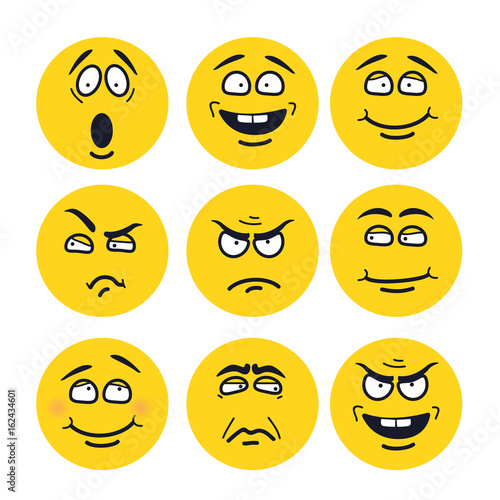 Vector cartoon faces with expressions. Emotion set. Scared, happy, smiling, skeptical, ungry, pensive, embarrassed, upset, insidious