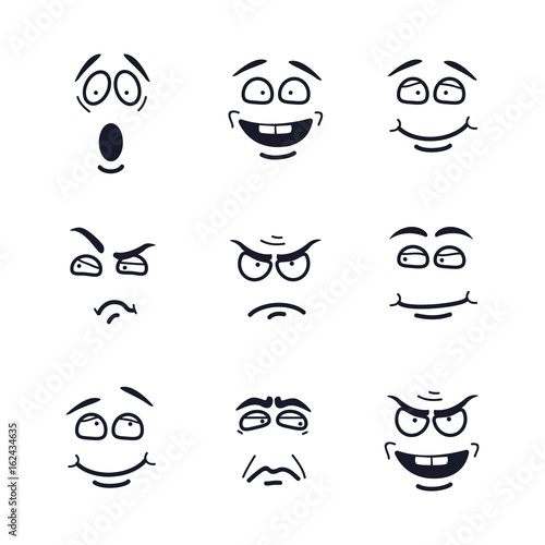 Vector cartoon faces with expressions. Emotion set. Scared, happy, smiling, skeptical, ungry, pensive, embarrassed, upset, insidious