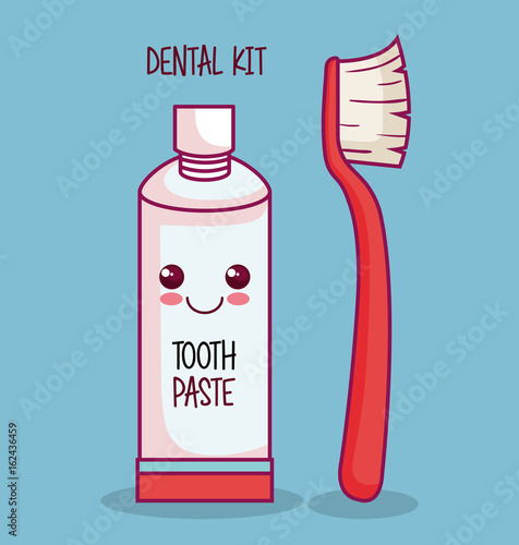 Kawaii tooth paste and brush over blue background vector illustration