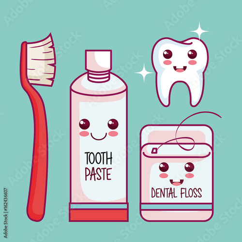 Kawaii healthy tooth and dental kit over teal background vector illustration