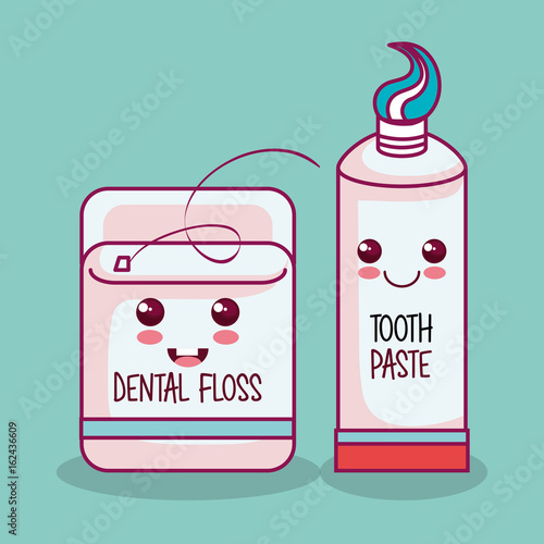 Kawaii dental floss and tooth paste over teal background vector illustraiton