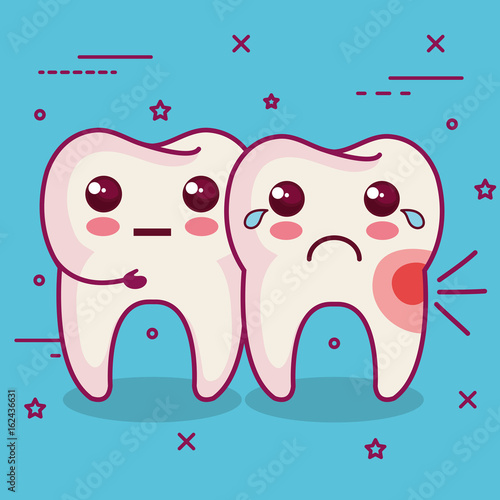 Kawaii tooth hugging sick tooth over blue background vector illustraiton