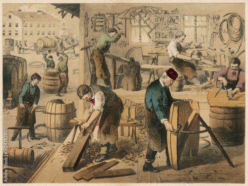 Workshop of a cooper (barrel maker). Date: 1875 photo