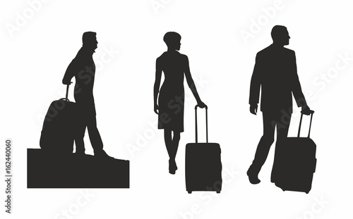 Vector Travel vacation holiday. Black Silhouettes of people with luggage. Men with a suitcase. A woman with a suitcase. Woman with luggage. Men with luggage. 