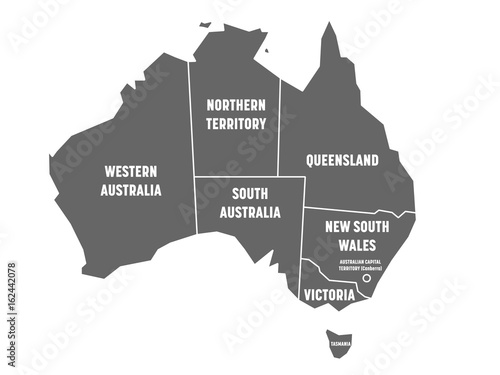 Simplified map of Australia divided into states and territories. Grey flat map with white borders and white labels. Vector illustration.