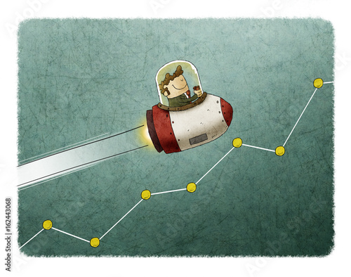 Businessman inside a rocket and flying over a market graph