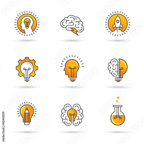 Creative idea logo set with human head, brain, light bulb.