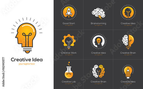 Creative idea logo set with human head, brain, light bulb.