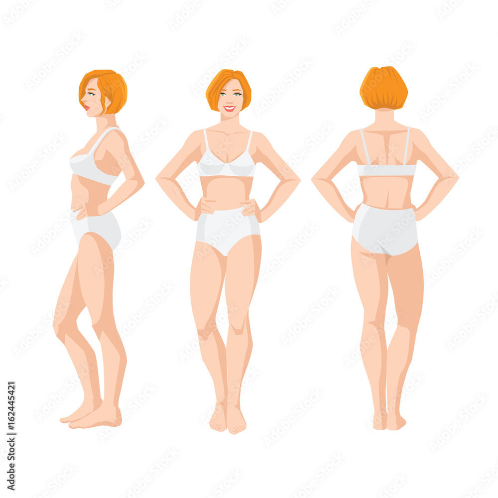 Vector illustration of beautiful woman in underwear on white background. Various turns woman's figure. Front view, back view and side view. Vector illustration of beautiful woman in underwear on white background. Various turns woman's figure. Front view, back view and side view.
